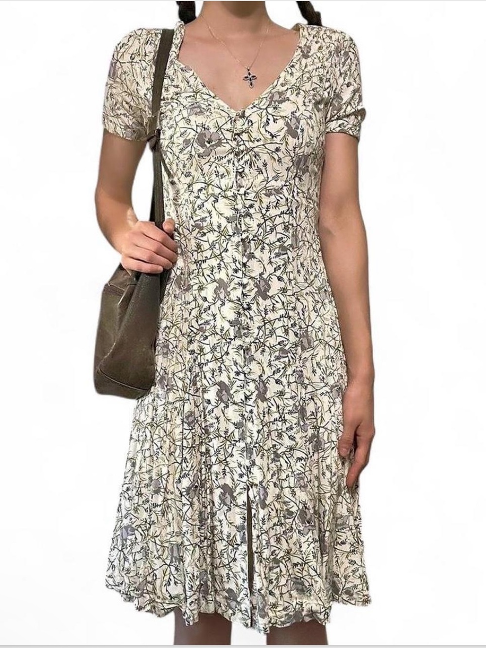 Free People Cream Floral V-Neck Short Sleeve button up Dress Size 0!